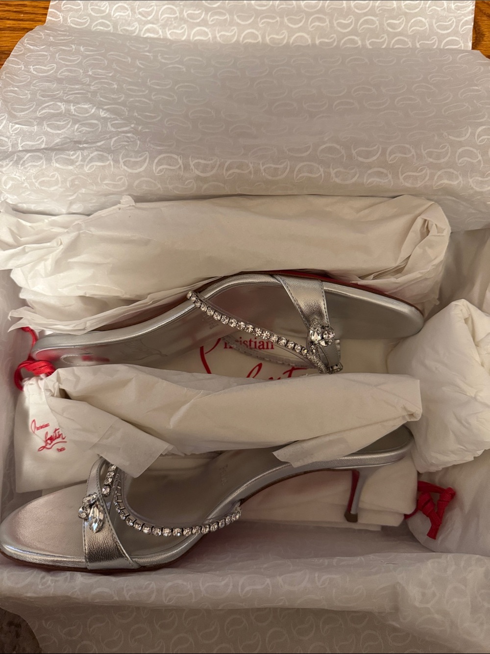 NEW - Christian Louboutin Silver Crystal-Trim Slide Sandals - Picture 8 of 12